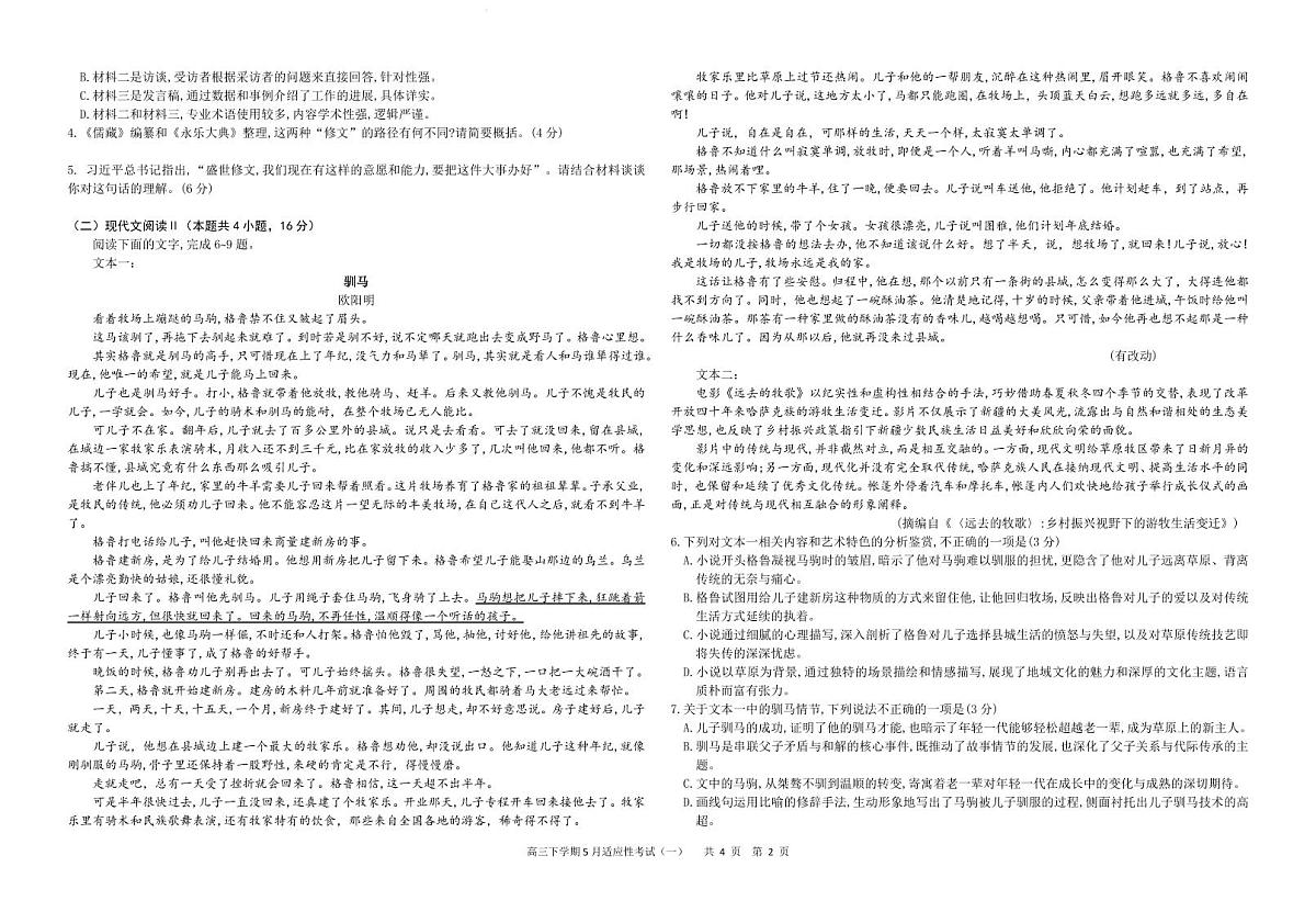 湖北省襄阳五中2025届高三高考模拟适应性考试（一）-语文试题+答案第2页