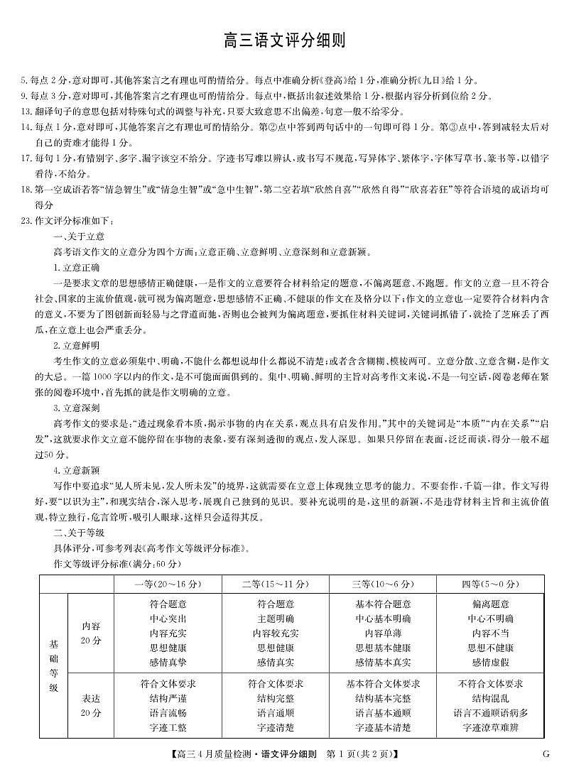 四川省九师联盟2025届高三仿真模拟卷语文评分细则（G）第1页