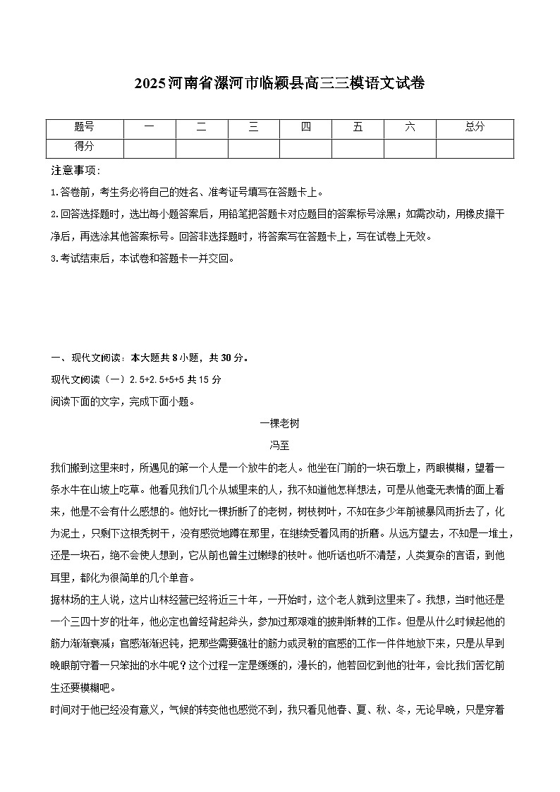 2025届河南省漯河市临颖县高三三模语文试卷（高考模拟）第1页