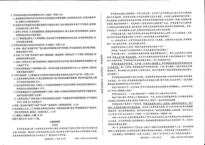 成都石室中学2024-2025学年度下期高2025届适应性考试（一) 语文第2页