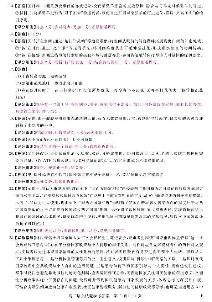 安徽省华师联盟2025届高三第二学期5月质量检测语文-B评分细则第2页
