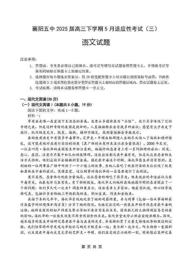 2025届湖北省襄阳市第五中学高三下学期适应性考试（三）语文试卷第1页