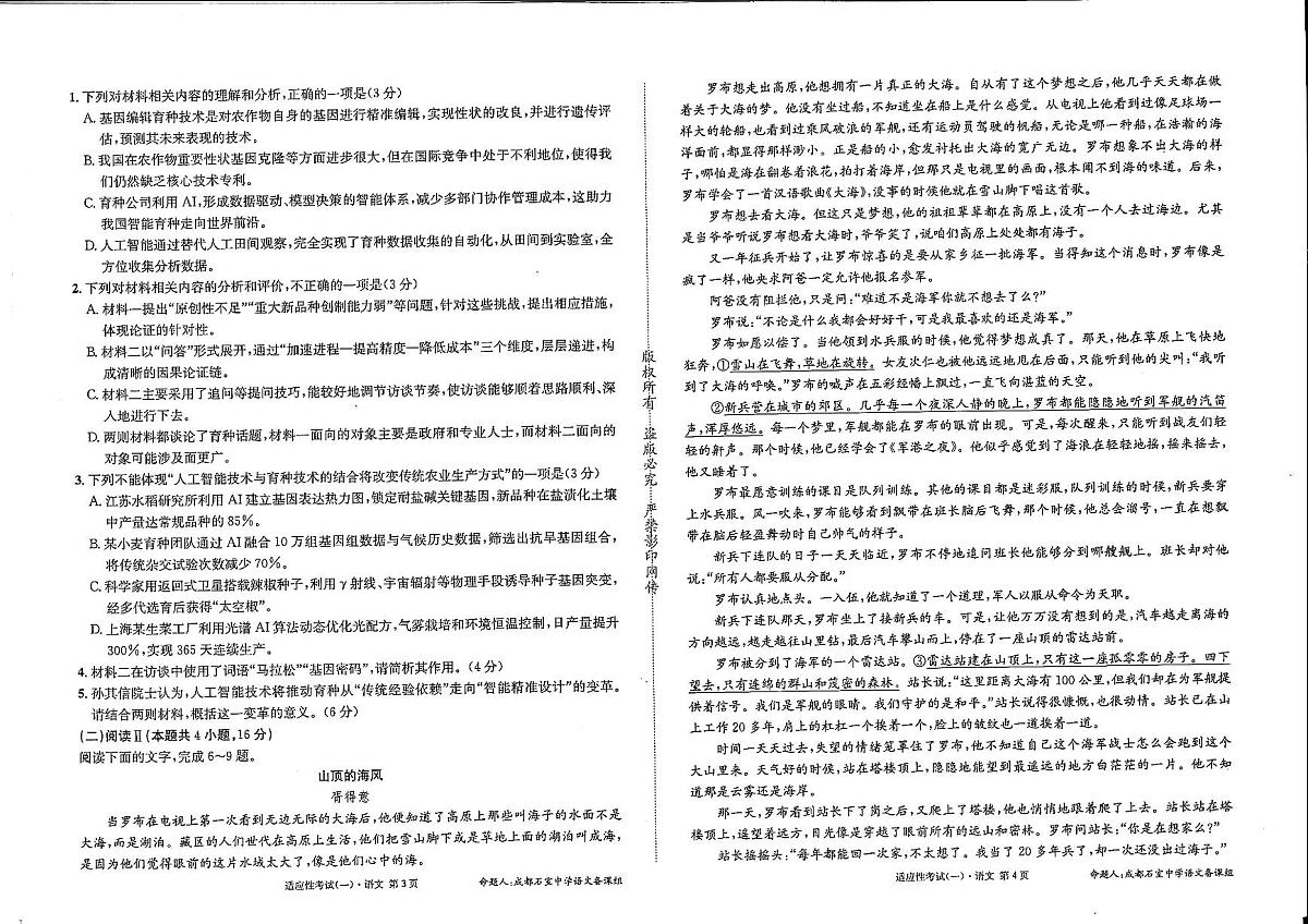 成都石室中学2024-2025学年度下期高2025届适应性考试（一) 语文第2页