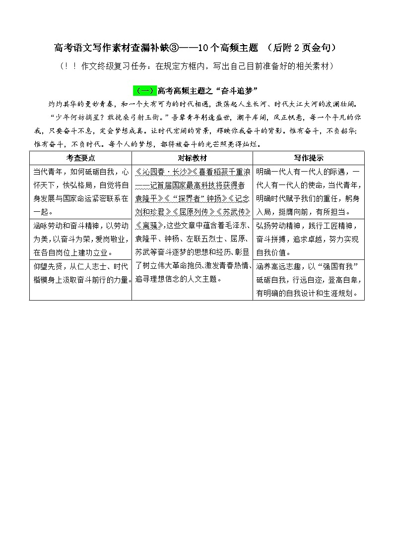 2025届高考语文写作素材查漏补缺：10个高频主题（后附2页金句）讲义第1页