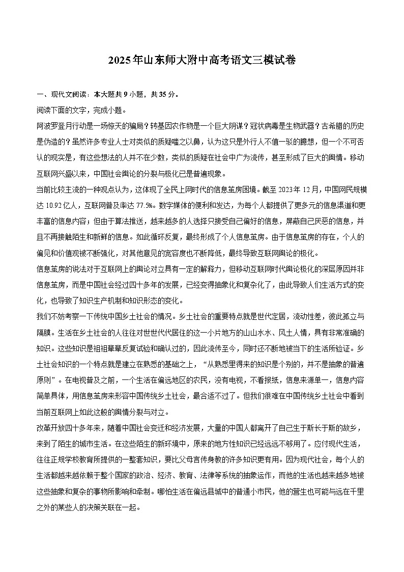 2025年山东师大附中高考语文三模试题（含答案）第1页