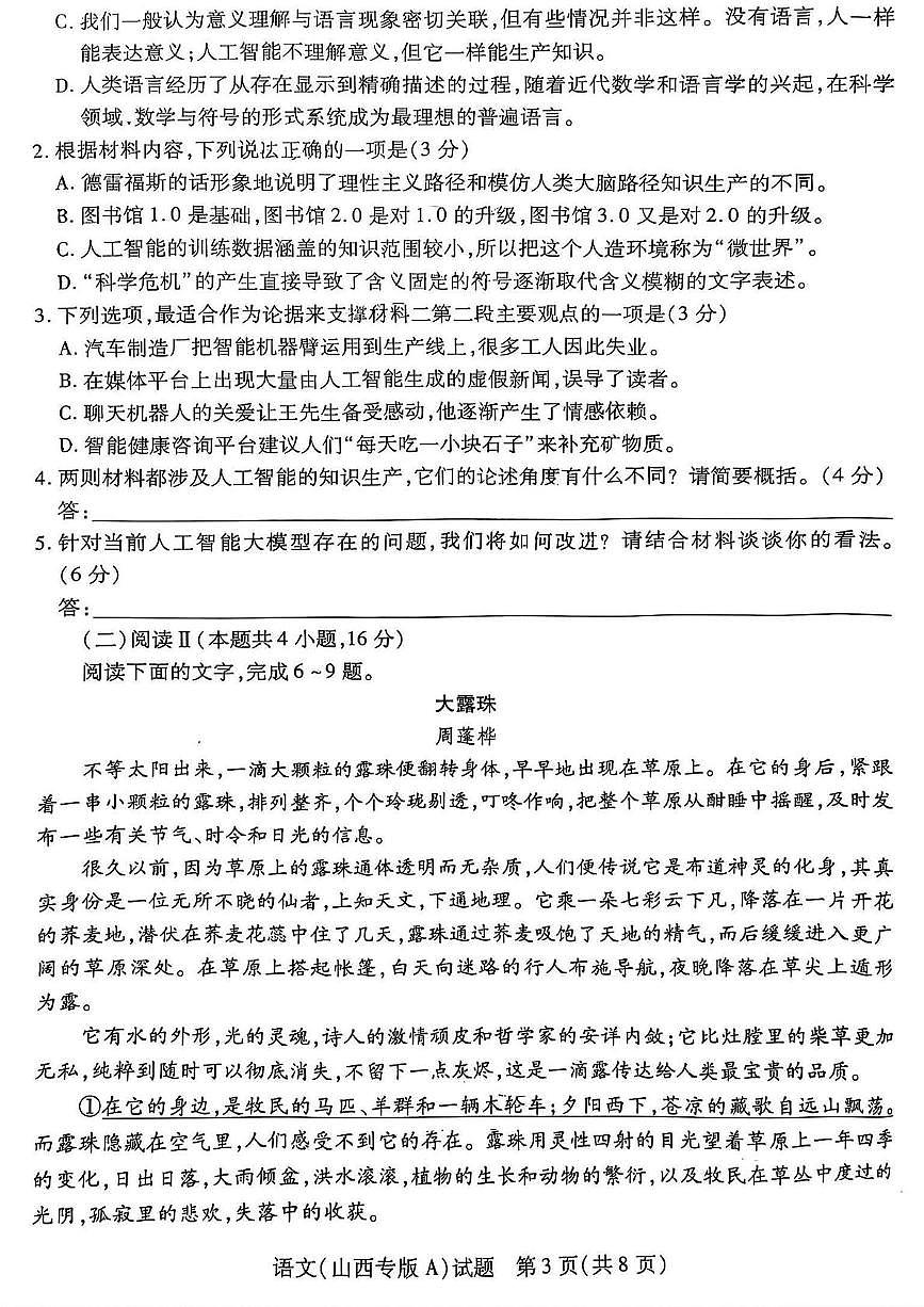 山西省部分学校2025届高三下学期5月考前模拟考试语文试卷（PDF版附解析）第3页
