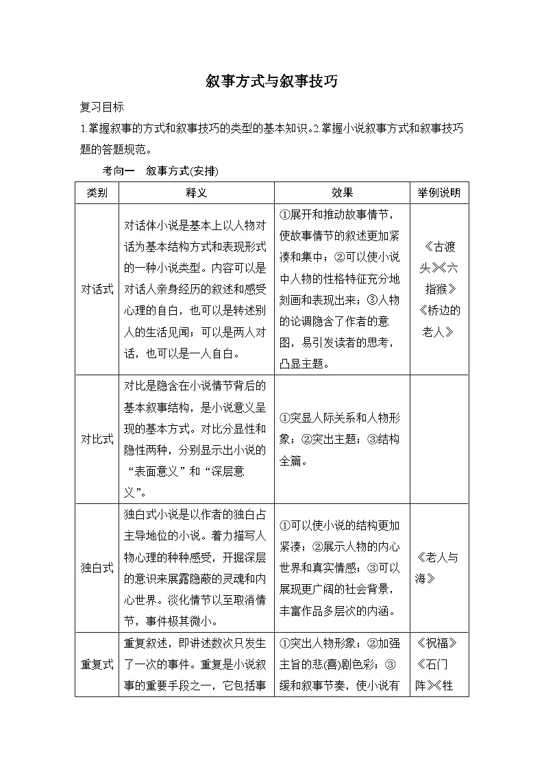 2026届高三语文一轮复习小说学案：叙事方式与叙事技巧第1页