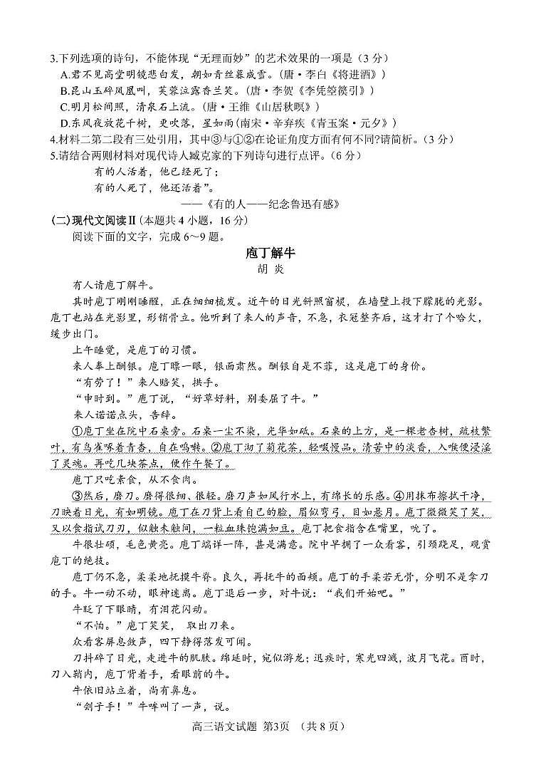 山东师范大学附属中学2025届高三下学期5月适应性检测语文试卷（PDF版附答案）第3页