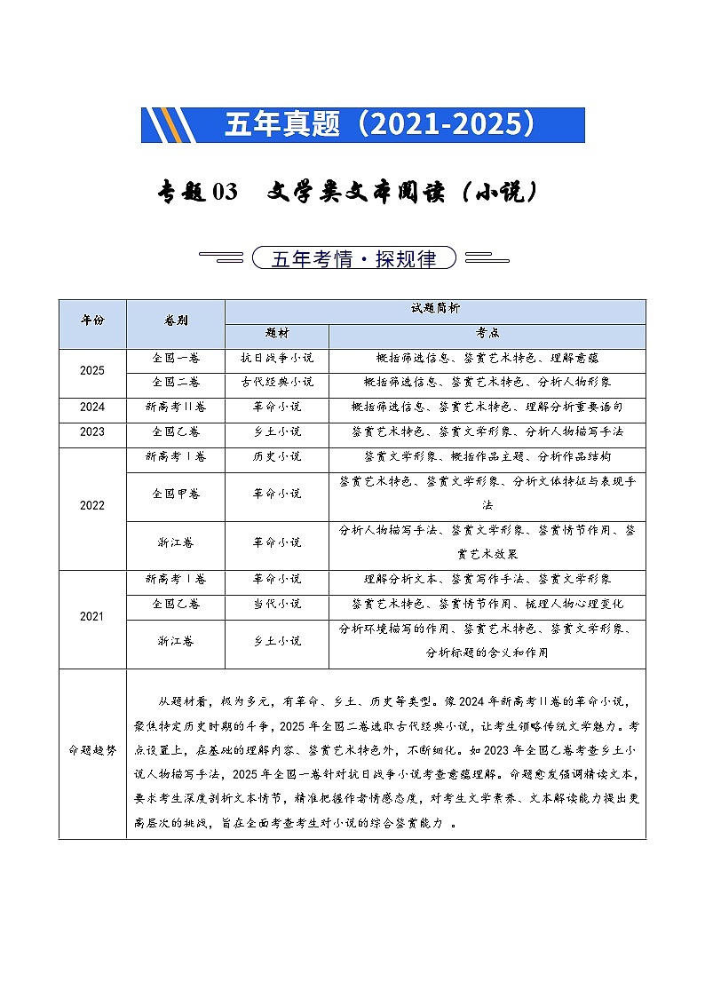 专题03 文学类文本阅读（小说）（全国通用）（解析版）第1页