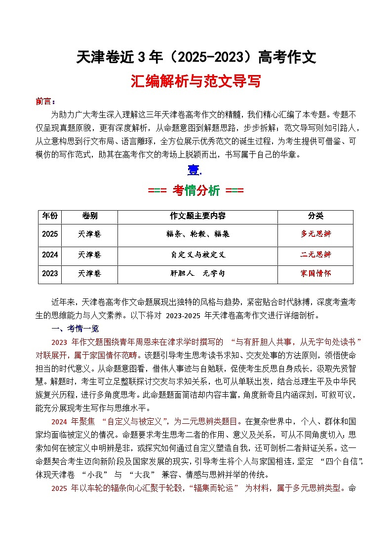 2025-2023近三年天津卷作文汇编与解析-2025年高考语文作文解析与导写第1页