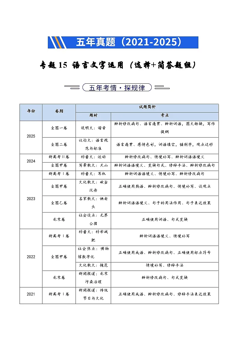 专题15 语言文字运用（选择+简答题组）（全国通用）（原卷版）第1页