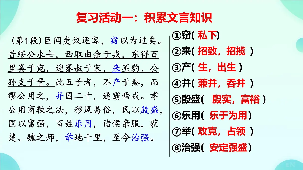高中语文人教统编版必修 下册 第五单元11.1 谏逐客书 复习课件第2页