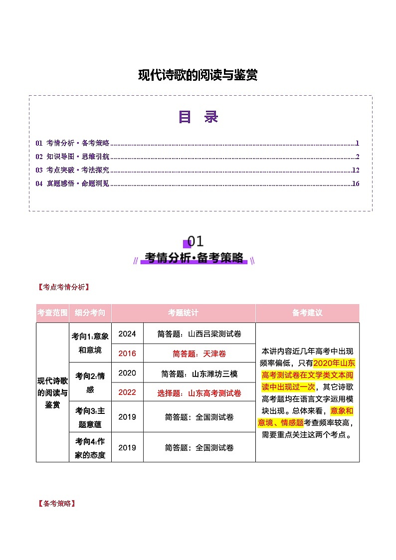 现代诗歌的阅读与鉴赏（讲义）解析版第1页