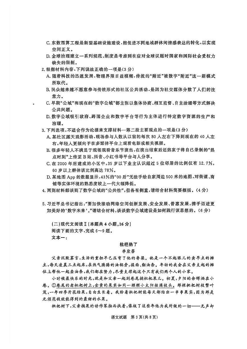 语文-河南省青桐鸣大联考2025年6月高二下学期月考试题及答案第3页