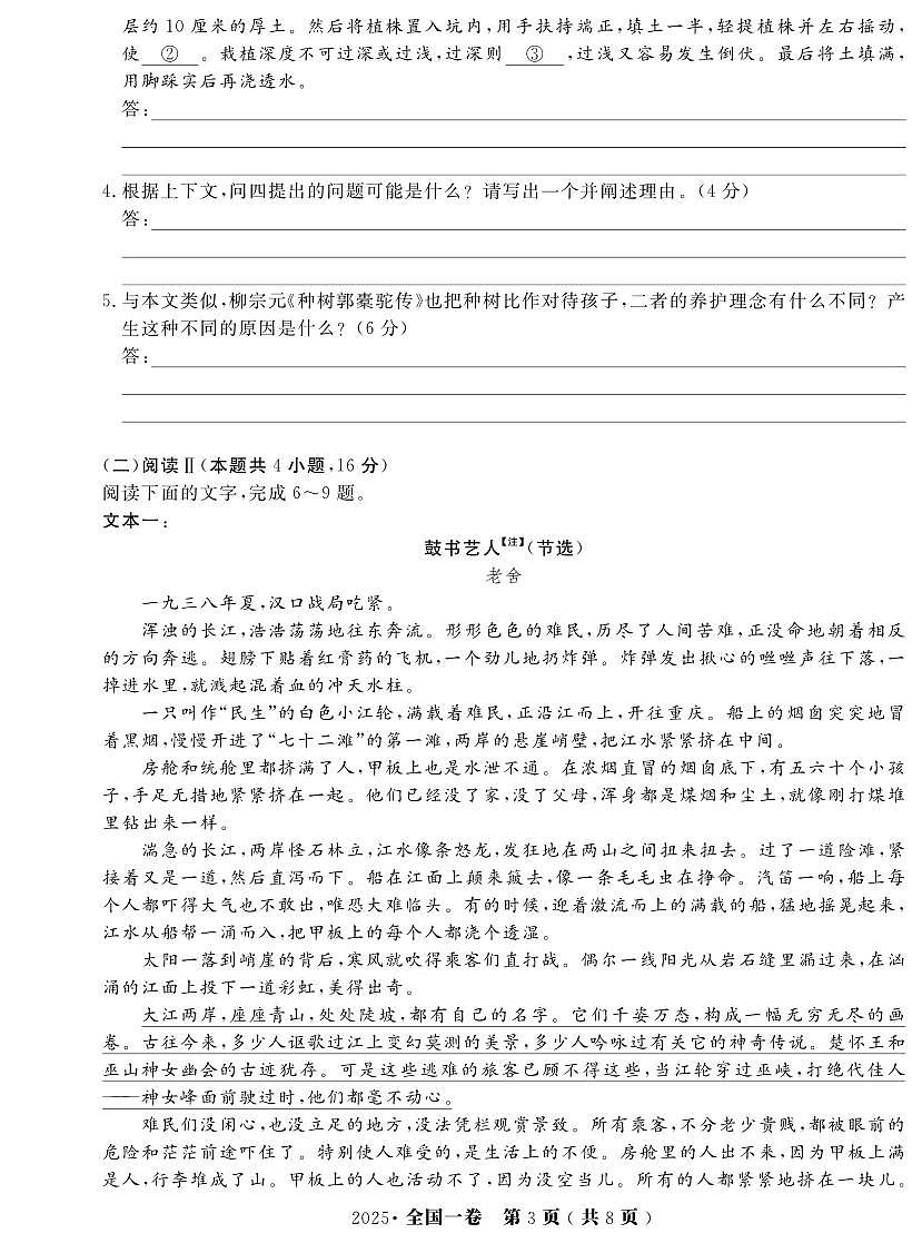 2025年普通高等学校招生全国统一考试语文(全国一卷)（含答题卡）第3页