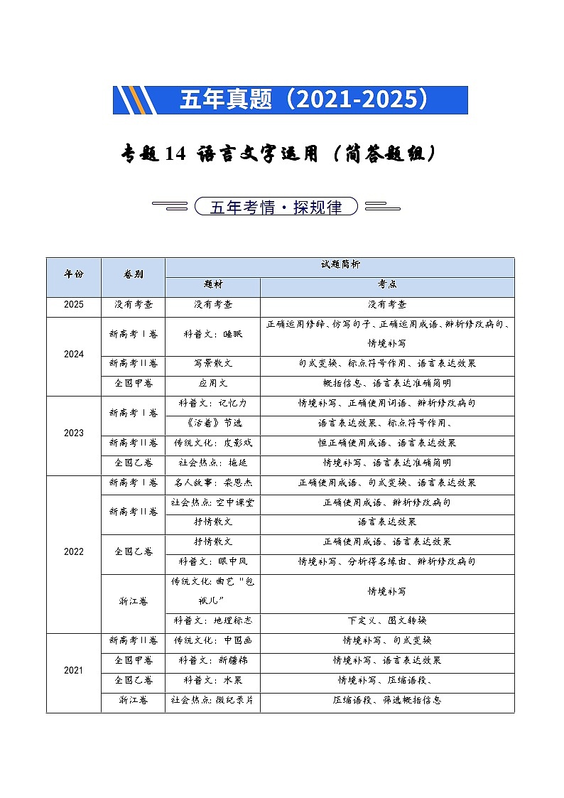 五年（2021-2025）高考语文真题分类汇编：专题14  语言文字运用（简答题组）（全国通用）（解析版）第1页