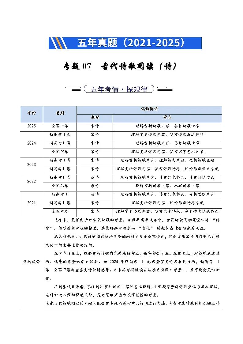 专题07 古代诗歌阅读（诗）（全国通用）（原卷版）第1页