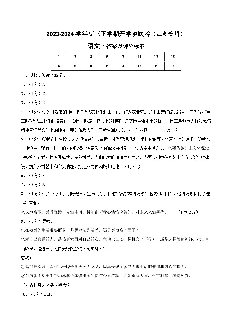 高三语文开学摸底考（江苏专用）（答案及评分标准）第1页
