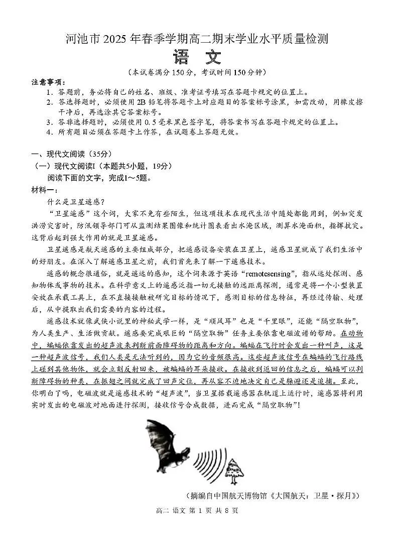 广西河池市2024-2025学年高二下学期7月期末考试 语文 PDF版含解析第1页