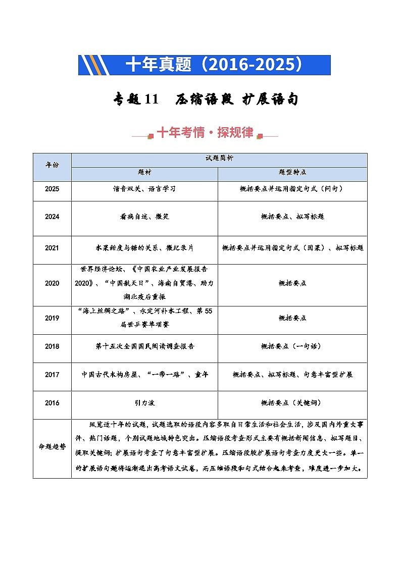 十年（2016-2025）高考语文真题分类汇编：专题11 压缩语段 扩展语句（全国通用）（原卷版）第1页