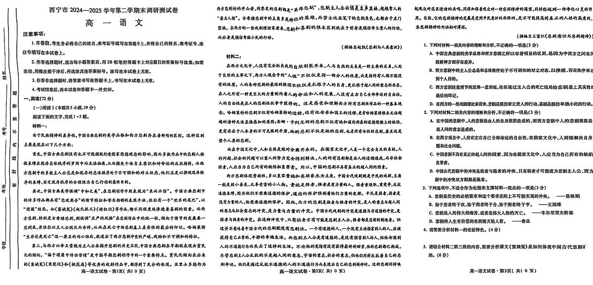 青海省西宁市2024-2025学年高一下学期期末调研测试语文试卷（图片版，无答案）第1页