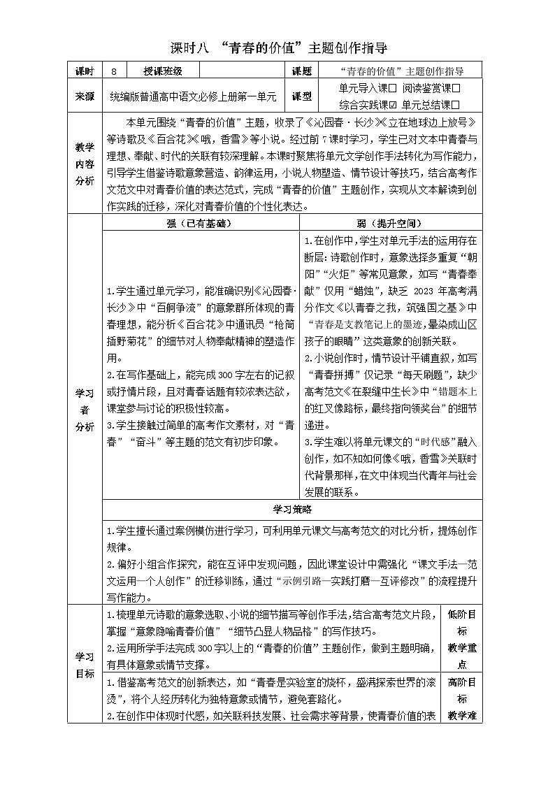 8统编版高中语文必修上册第一单元“青春的价值”主题创作指导教学设计第1页