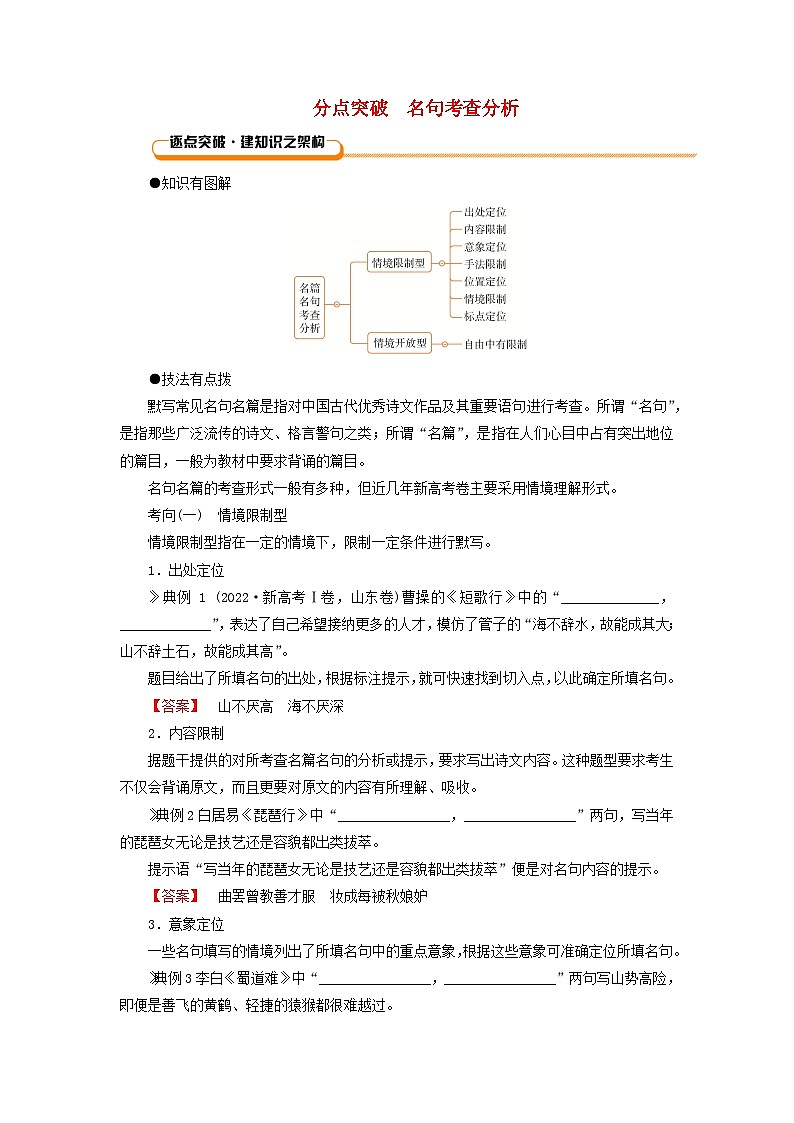 2026版高考语文一轮总复习复习任务群三古诗文阅读专题七名篇名句默写分点突破名句考查分析试卷第1页