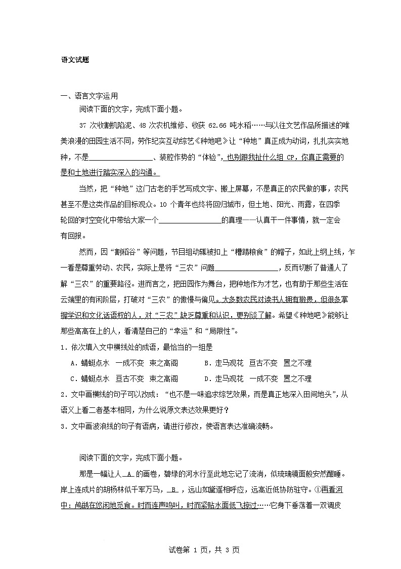 河南省驻马店市省级示范性高中2024_2025学年高二语文下学期3月联考试题含解析第1页