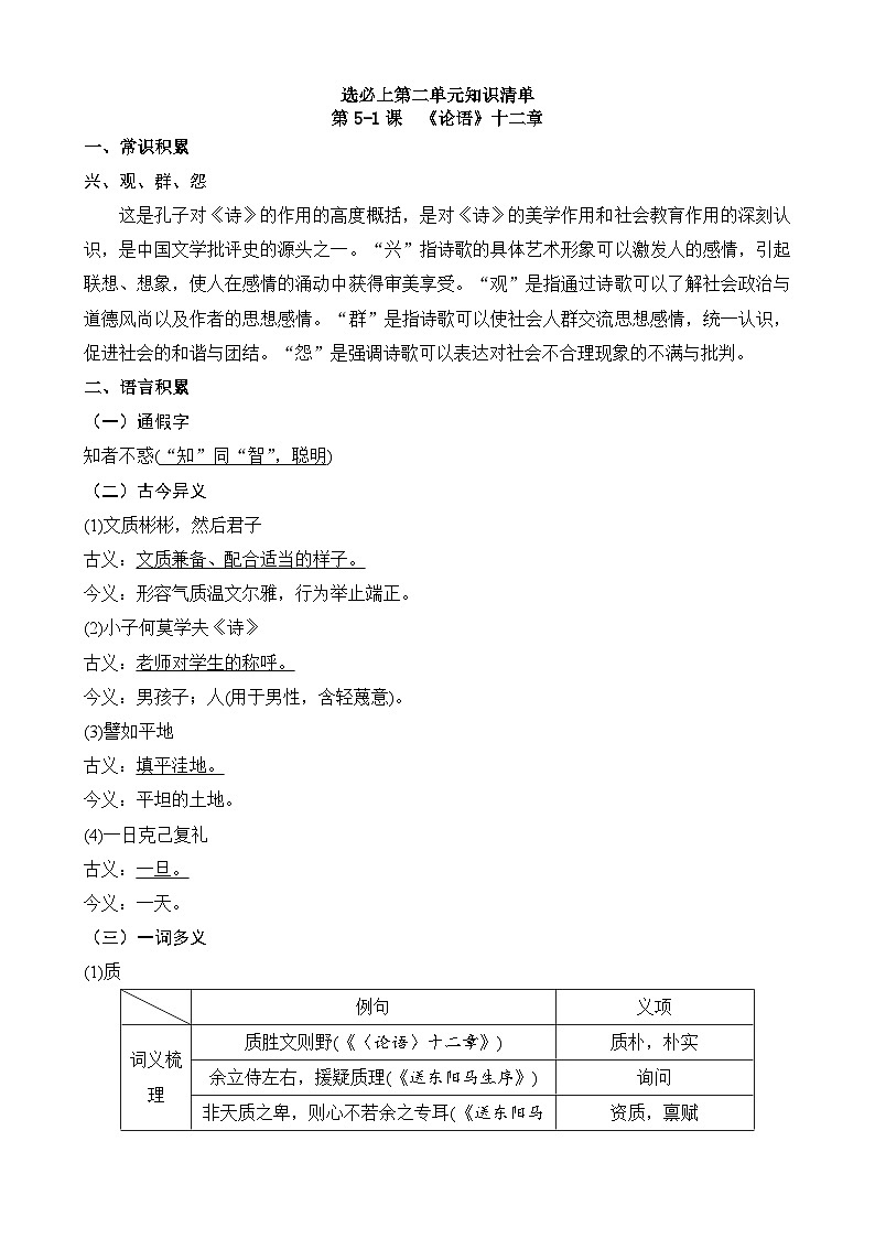 2025-2026学年高中语文高二上学期选必上第二单元知识清单第1页