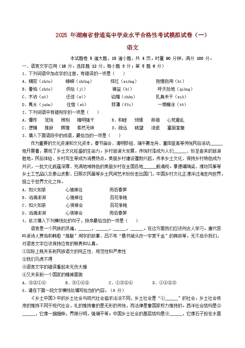湖南省2025年普通高中语文学业水平合格性考试第一次模拟检测试题含解析 (1)第1页