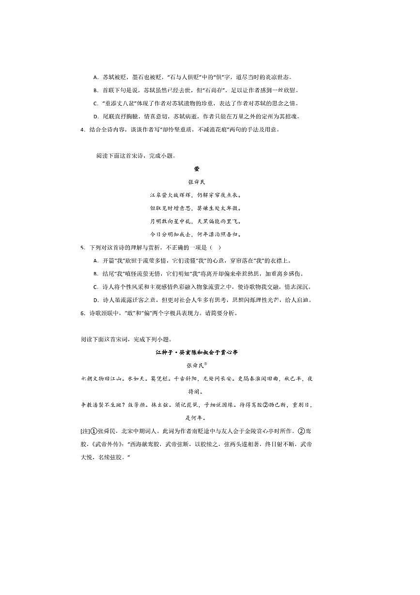 2026届高考语文诗歌专练～～张舜民诗歌试卷(含答案)第2页