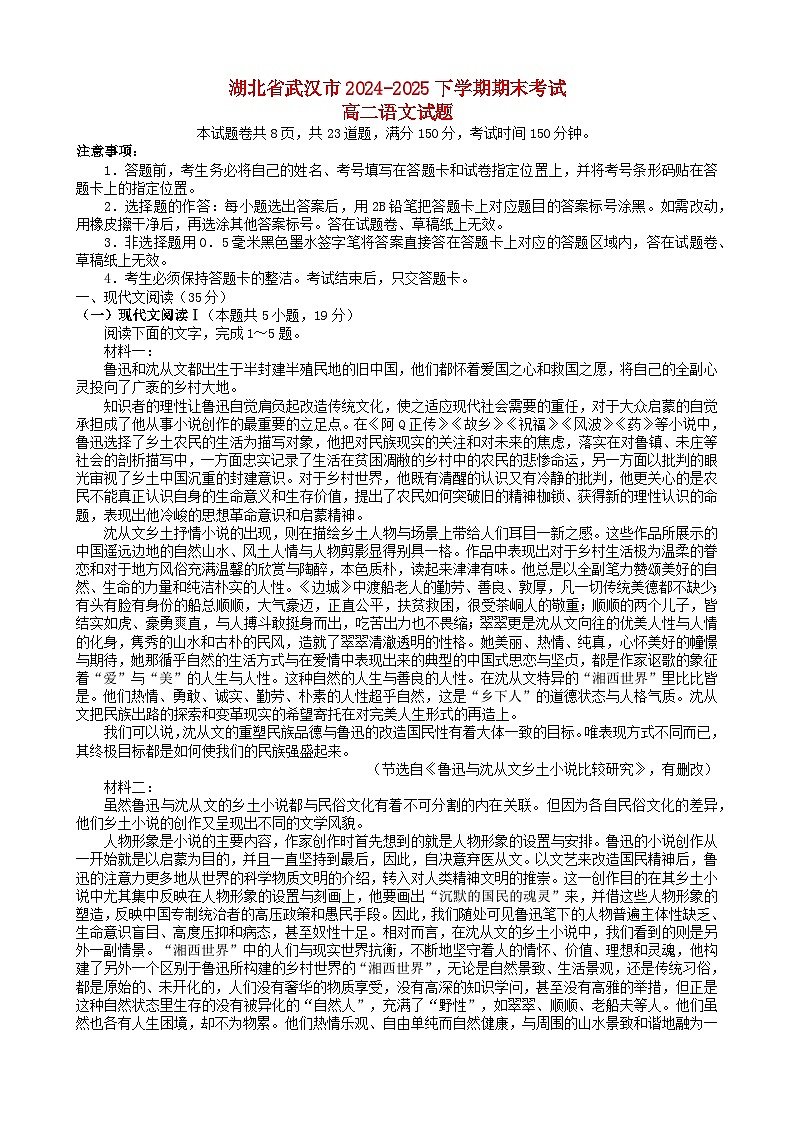 湖北省武汉市2024_2025学年高二语文下学期期末考试含解析第1页