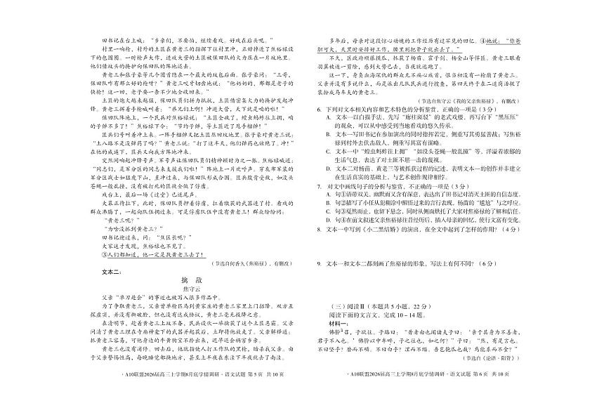 安徽省A10联盟2026届高三上学期8月底学情调研语文试题（PDF版附解析）第3页