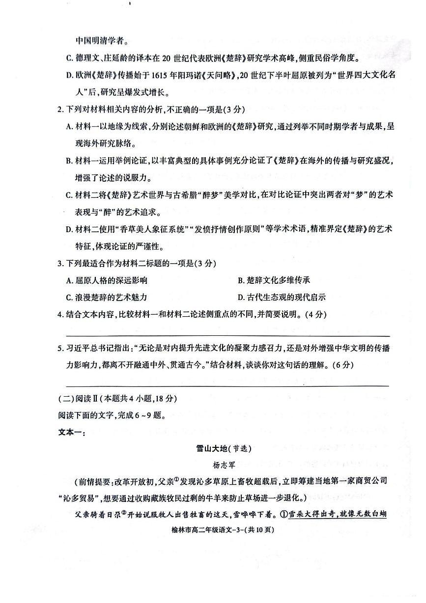 陕西省榆林市2024-2025学年高二下学期期末考试 语文 PDF版含解析第3页