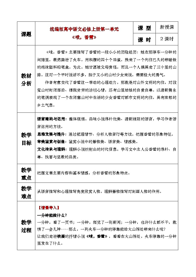 3《哦，香雪》教学设计第1页