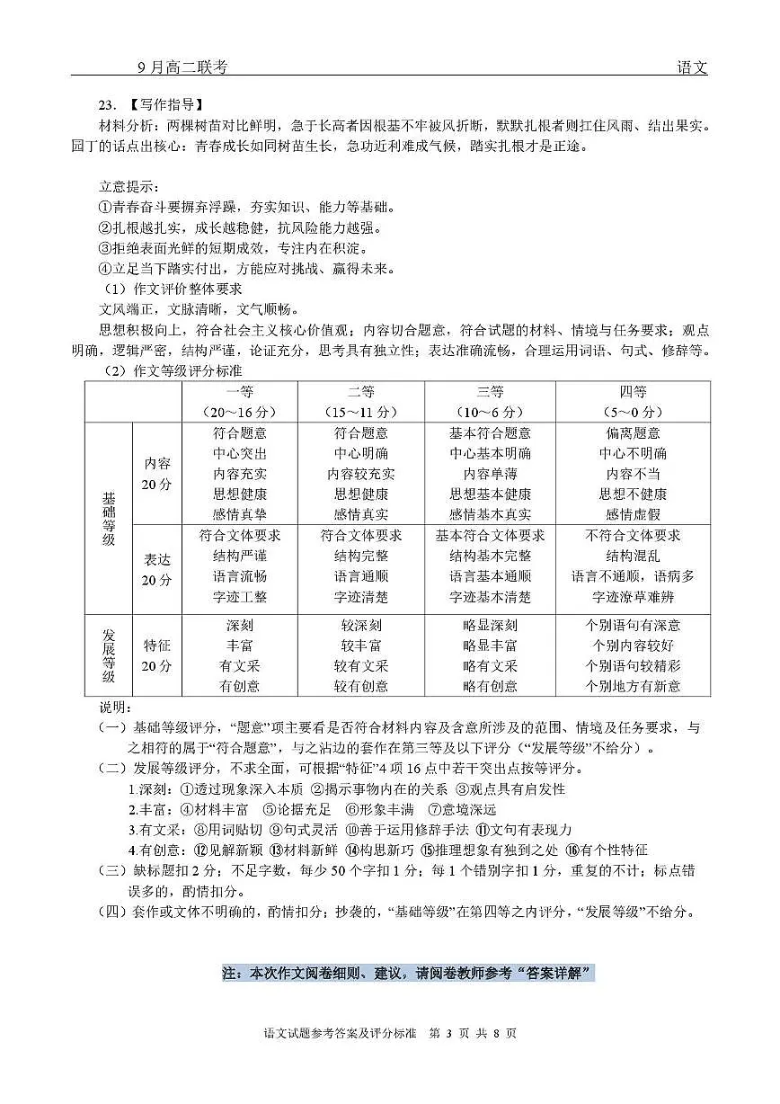 高二语文 高二9月联考语文试题参考答案第3页