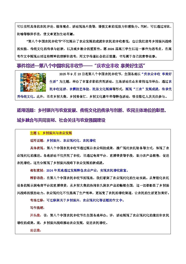 乡村振兴与文化传承 丰收节里听振兴，沃野深处见中国-2026年高考语文作文热点话题素材讲练（全国通用）第2页