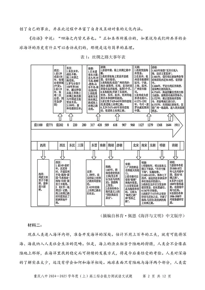 重庆市第八中学2025届高三上学期1月期末综合能力测试-语文试题（含答案）第2页