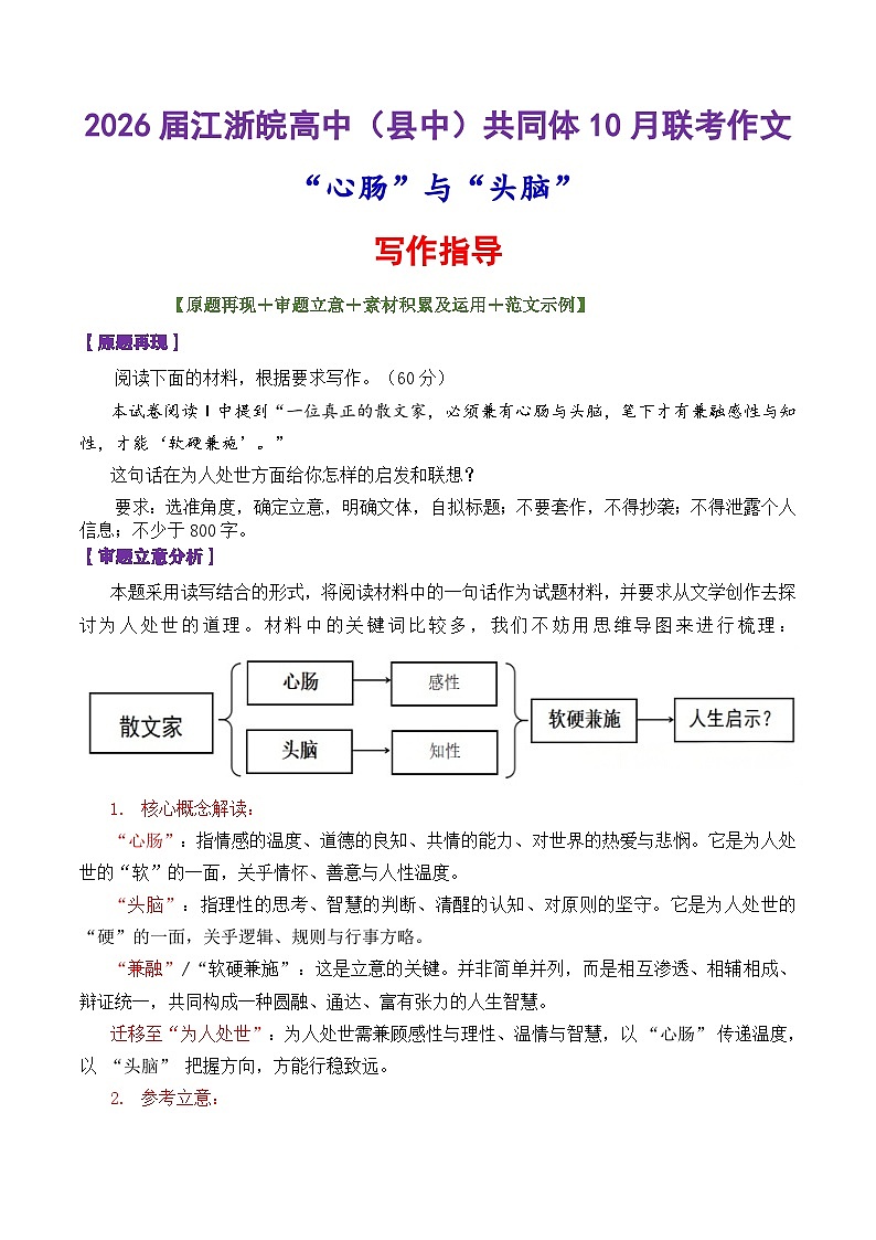 专题40 2026届江浙皖高中（县中）共同体高三10月联考作文讲评“心肠”与“头脑”-2026年高考语文议论文写作讲练（全国通用）第1页