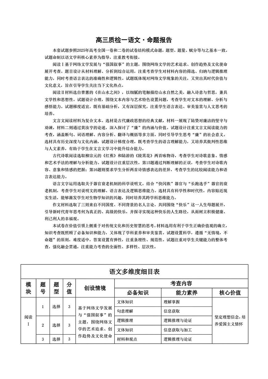 高三质检一语文命题报告第1页