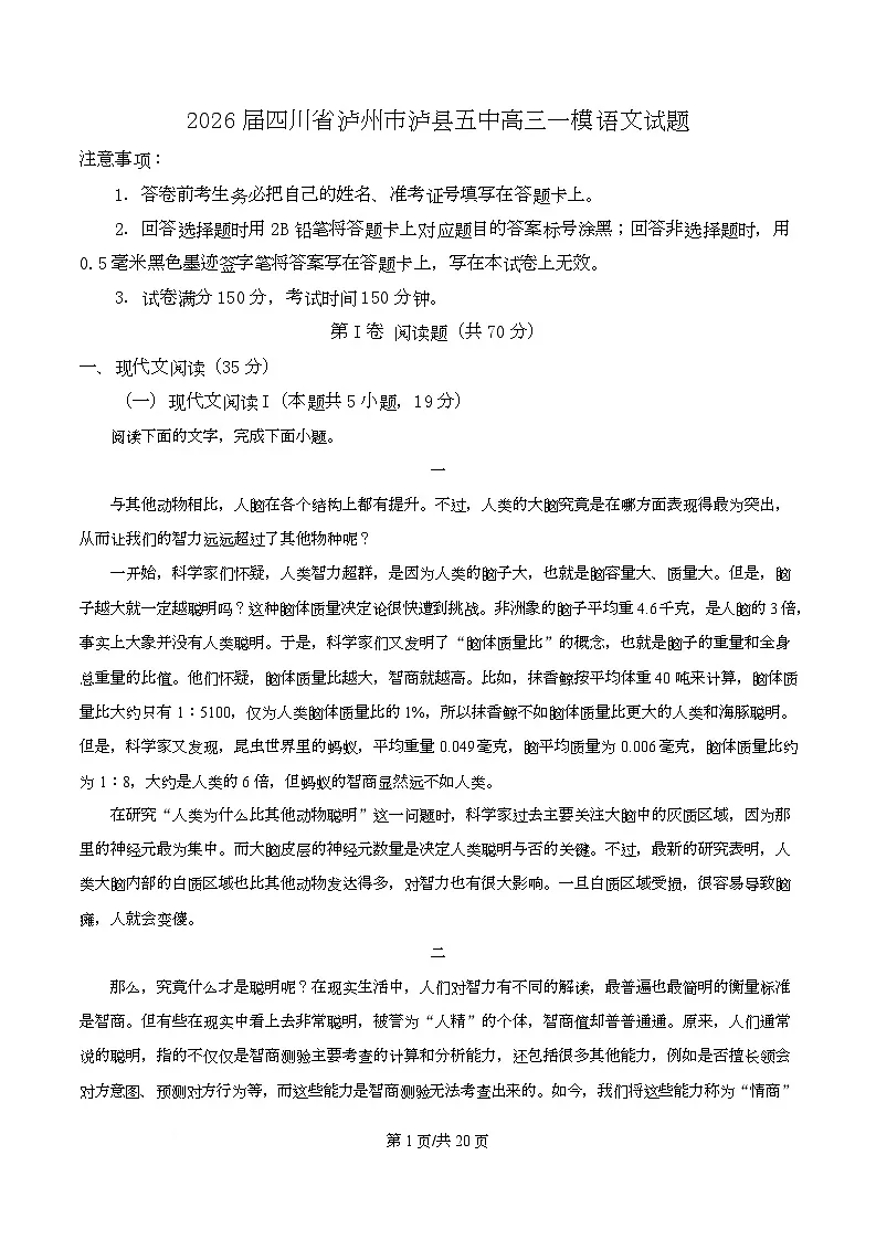 四川省泸州市泸县第五中学2026届高三一模语文试题 Word版含解析第1页