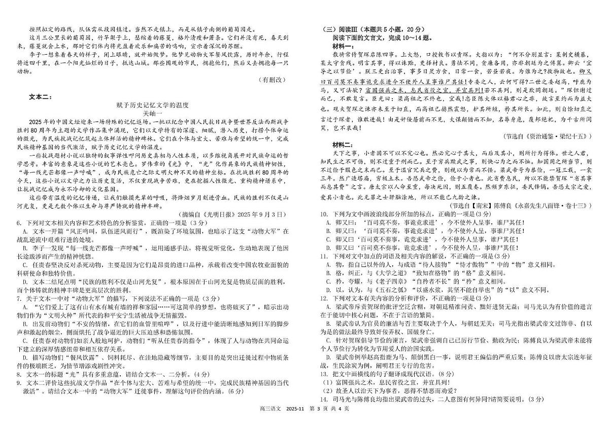 2026届四川省成都市树德中学高三上学期11月阶段测试语文试卷（含答案）第3页