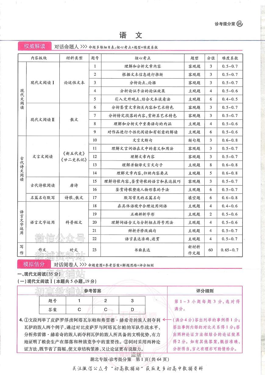 2025版《高考押题预测卷》（湖北专版）语文答案第1页