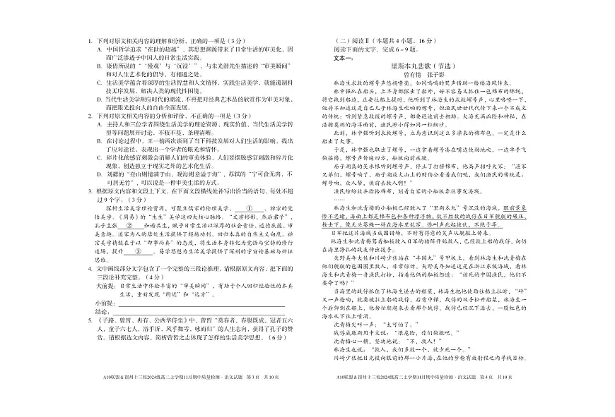 安徽省A10联盟宿州十三校2024级高二上学期11月期中质量检测【语文试卷】（含答案）第2页
