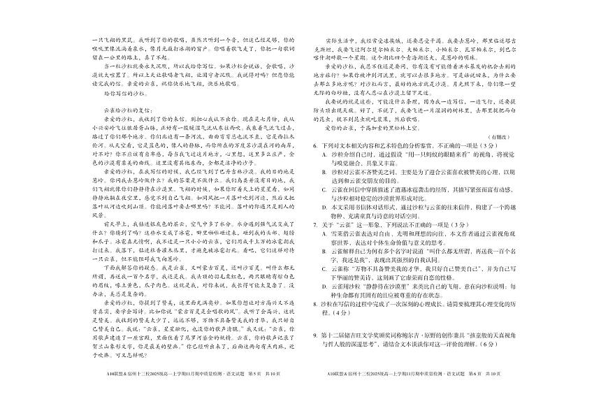 安徽省A10联盟宿州十三校2025级高一上学期11月期中质量检测【语文试卷】（含答案）第3页