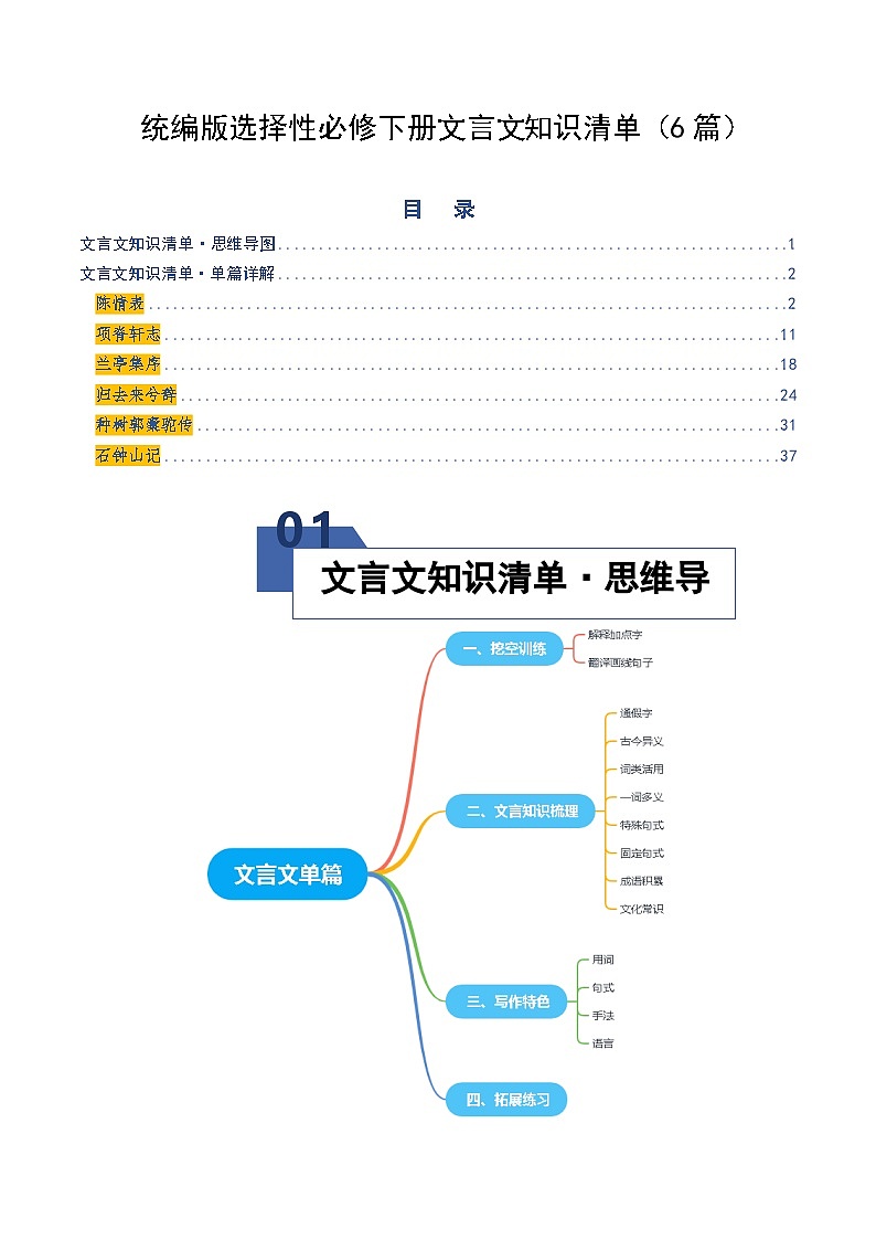 高考语文一轮复习-统编版选择性必修下册文言文知识清单（知识清单）（全国通用）（原卷版）第1页