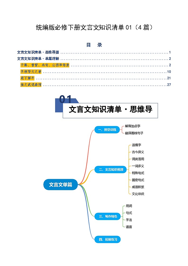 高考语文一轮复习-统编版必修下册文言文知识清单01（知识清单）（全国通用）（原卷版）第1页