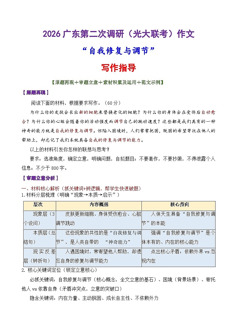 专题57 2026广东第二次调研（光大联考）作文“自我修复与调节”写作指导-2026年高考语文议论文写作讲练（全国通用）第1页