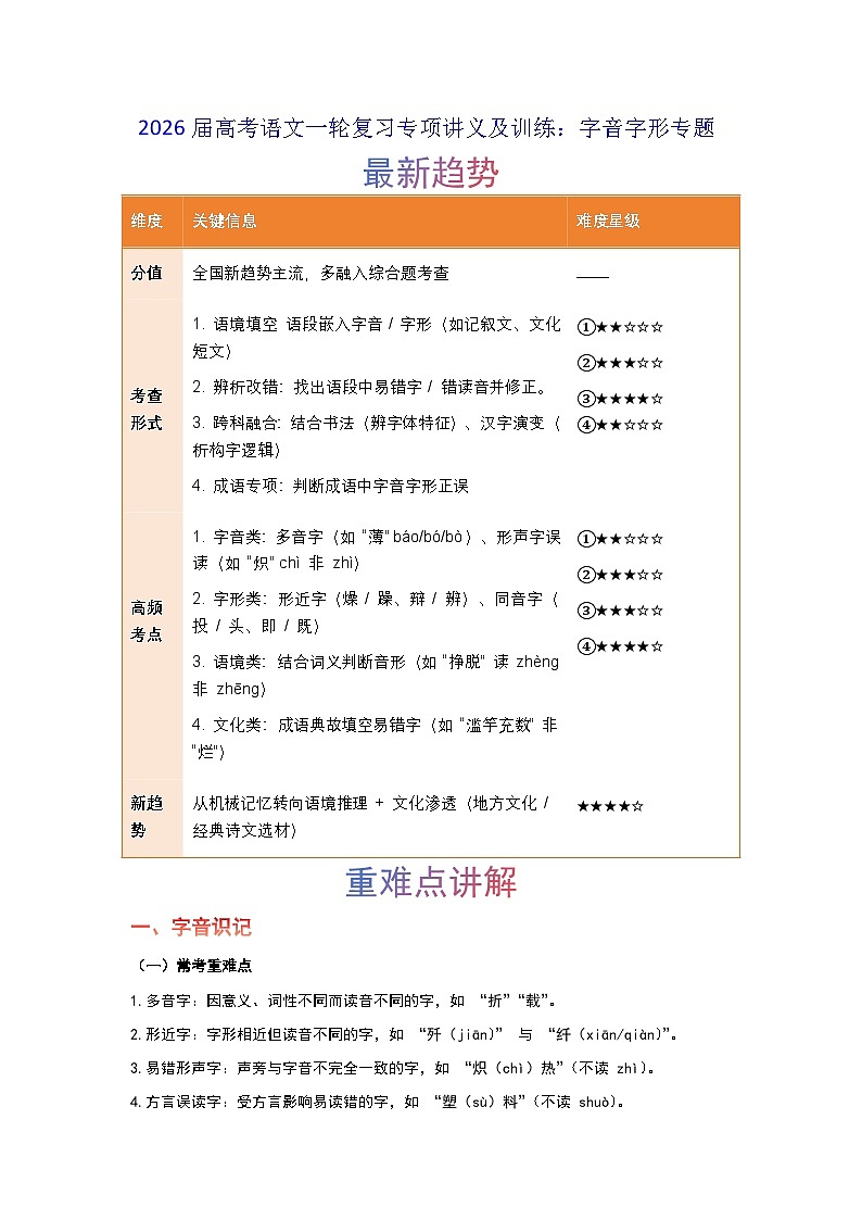 2026届高考语文一轮复习专项讲义及训练：字音字形专题第1页