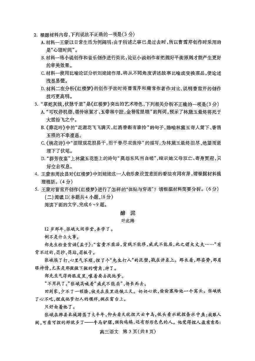 四川省乐山市高中2026届高三上学期第一次调查研究考试语文试卷（含答案）第3页